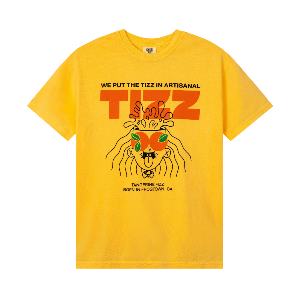 Yellow TIZZ tee with orange We Put The Tizz In Artisanal graphic and Tizzy mascot