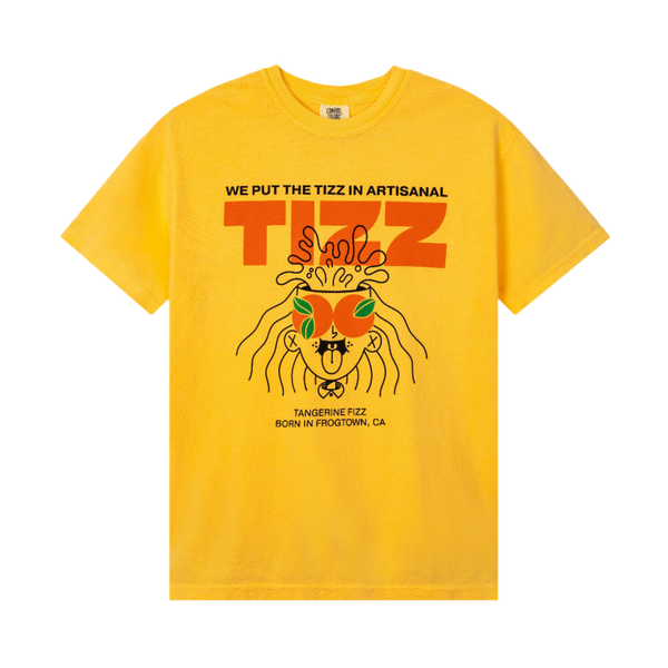 Yellow TIZZ tee with orange We Put The Tizz In Artisanal graphic and Tizzy mascot