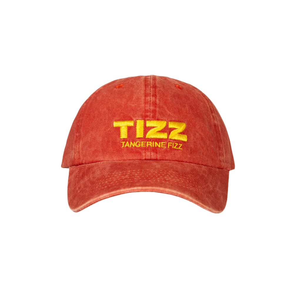 Washed-orange dad hat with yellow embroidered TIZZ Tangerine Fizz logo