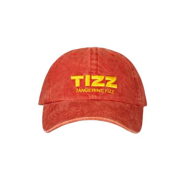 Washed-orange dad hat with yellow embroidered TIZZ Tangerine Fizz logo