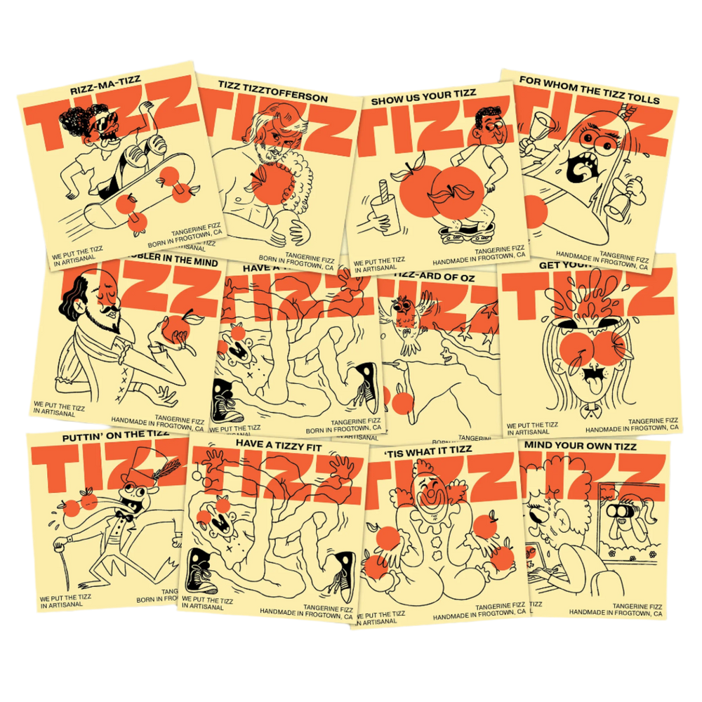 Twelve TIZZ sticker cards with hand-drawn characters and Tizz puns