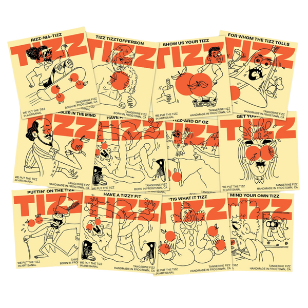 Twelve TIZZ sticker cards with hand-drawn characters and Tizz puns