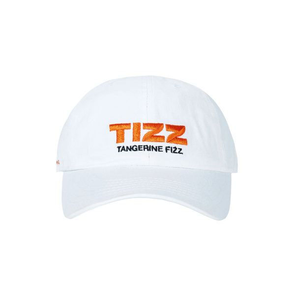 White dad hat with embroidered orange TIZZ Tangerine Fizz logo