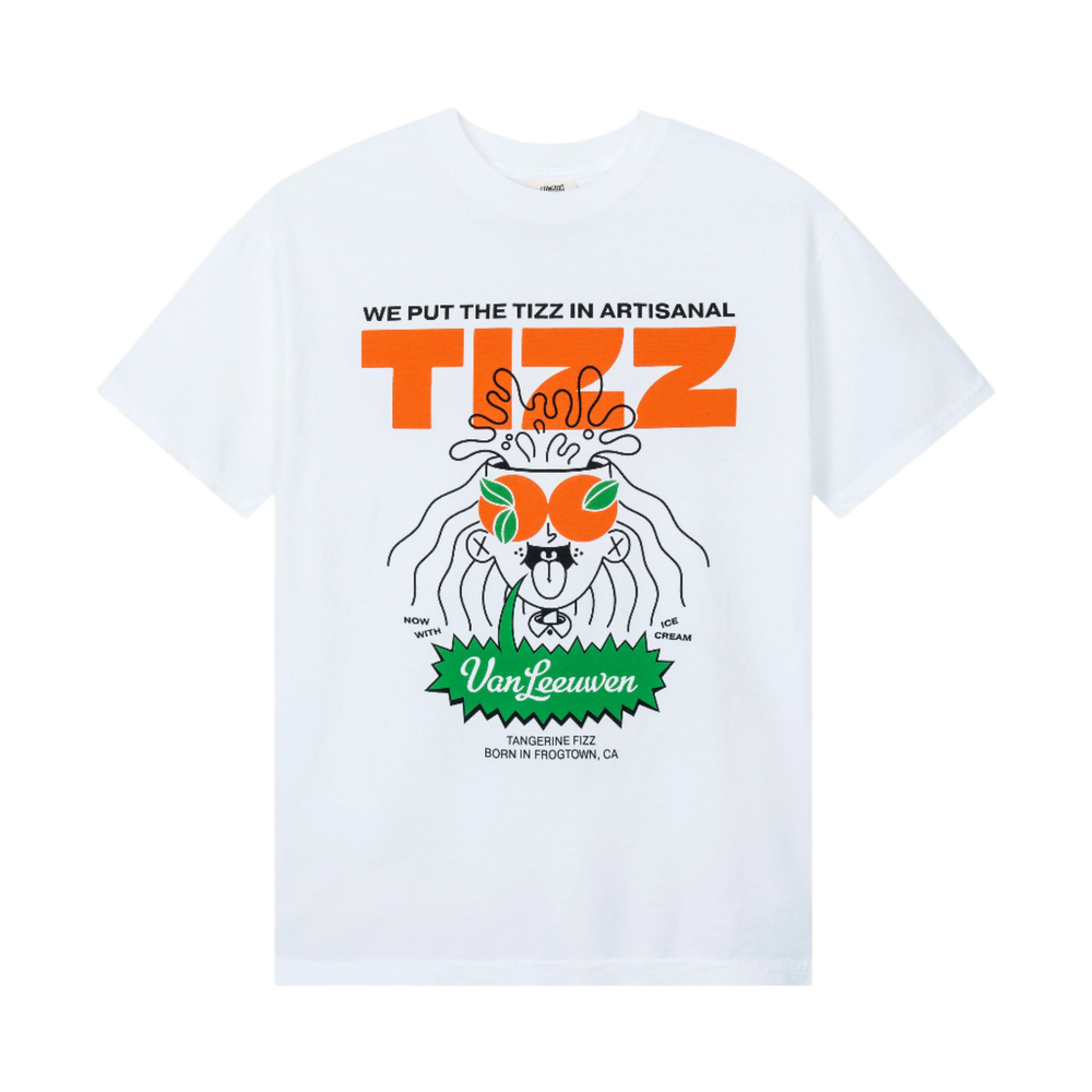 White TIZZ x Van Leeuwen tee with We Put The Tizz In Artisanal graphic and Tizzy mascot
