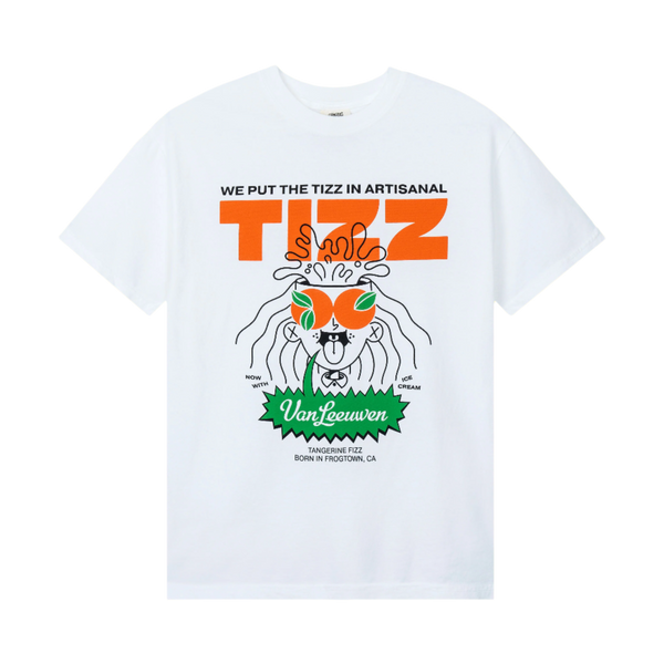 White TIZZ x Van Leeuwen tee with We Put The Tizz In Artisanal graphic and Tizzy mascot
